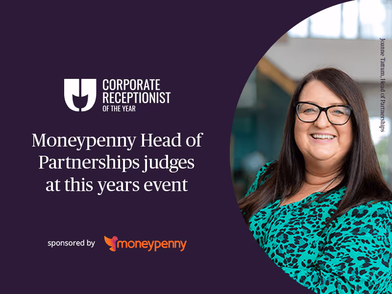 Smiling woman with glasses and long dark hair in green leopard print at Corporate Receptionist of the Year event.