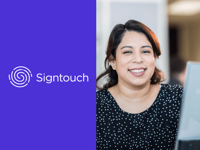 Smiling woman with dark hair and polka dot shirt beside Sigtouch logo on purple background.