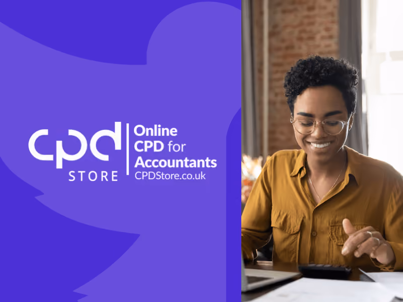 Smiling woman working on a laptop, next to purple banner reading Online CPD for Accountants CPDStore.co.uk.
