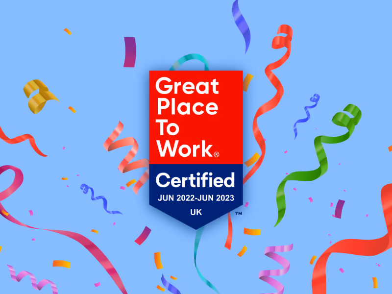Great Place To Work Certified badge with colorful confetti on a blue background.