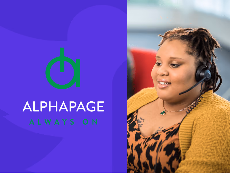 Smiling woman wearing headset and yellow cardigan, next to a purple AlphaPage logo with text Always On.