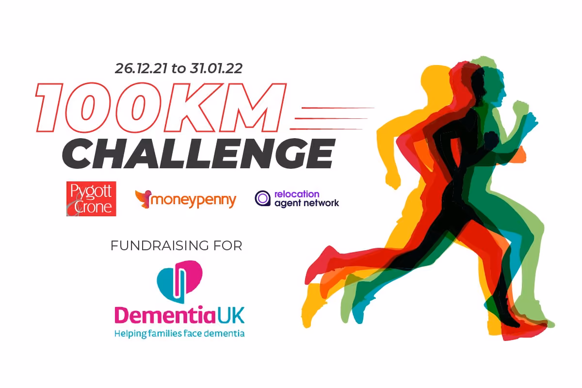 100KM Challenge fundraising for Dementia UK with colorful overlapping runners and sponsor logos.