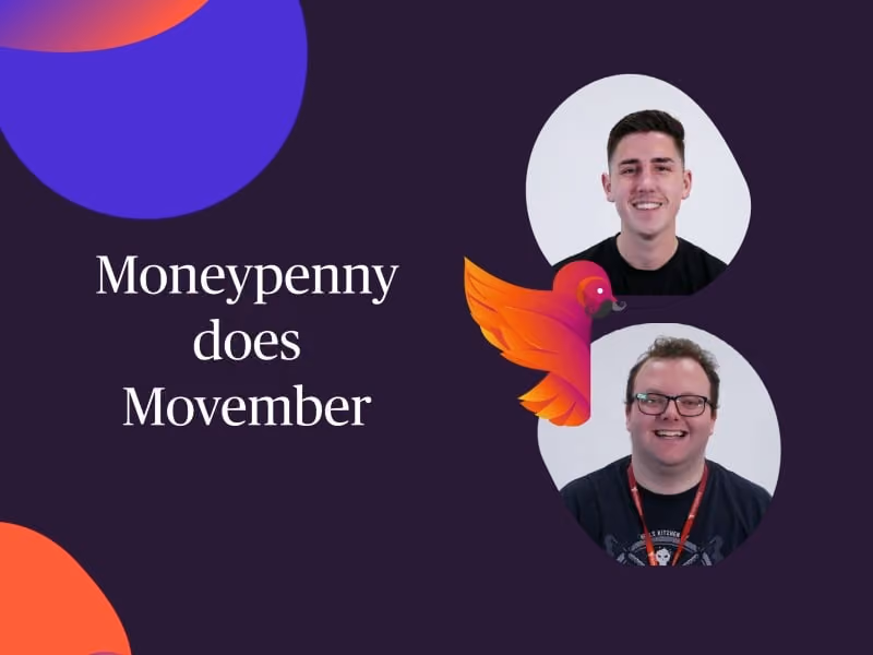 Two men smiling with a mustache-themed bird and text reading Moneypenny does Movember on dark background.