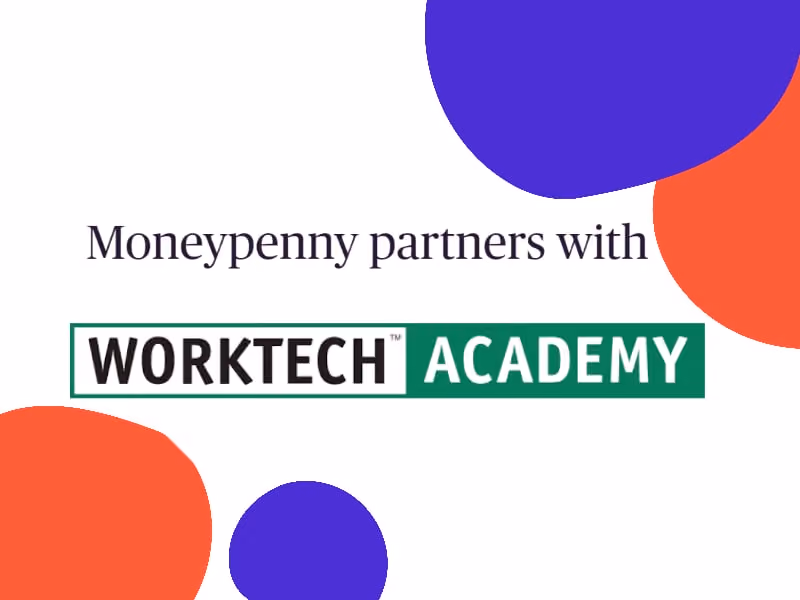 Text saying Moneypenny partners with WorkTech Academy with colorful abstract shapes around.
