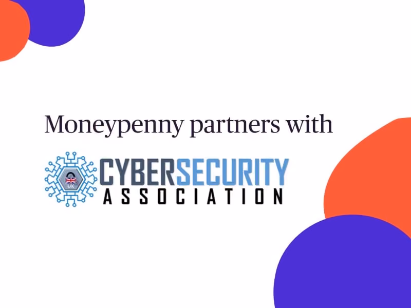Text 'Moneypenny partners with Cyber Security Association' with a tech-inspired logo.