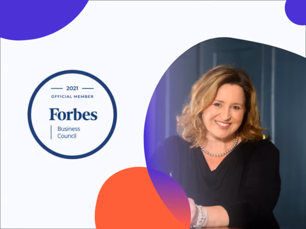 Smiling woman with light brown hair wearing black and pearls, next to 2021 Forbes Business Council logo.