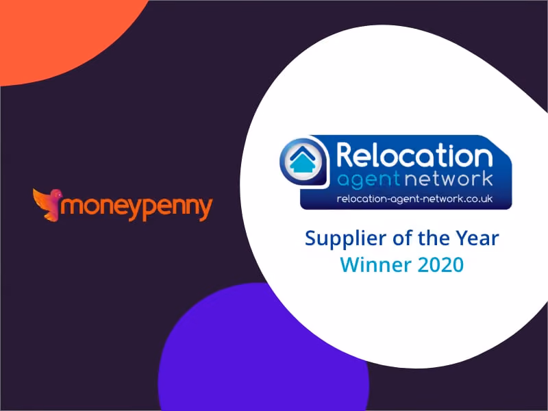 Relocation Agent Network Supplier of the Year Winner 2020 award with Moneypenny logo on dark background.