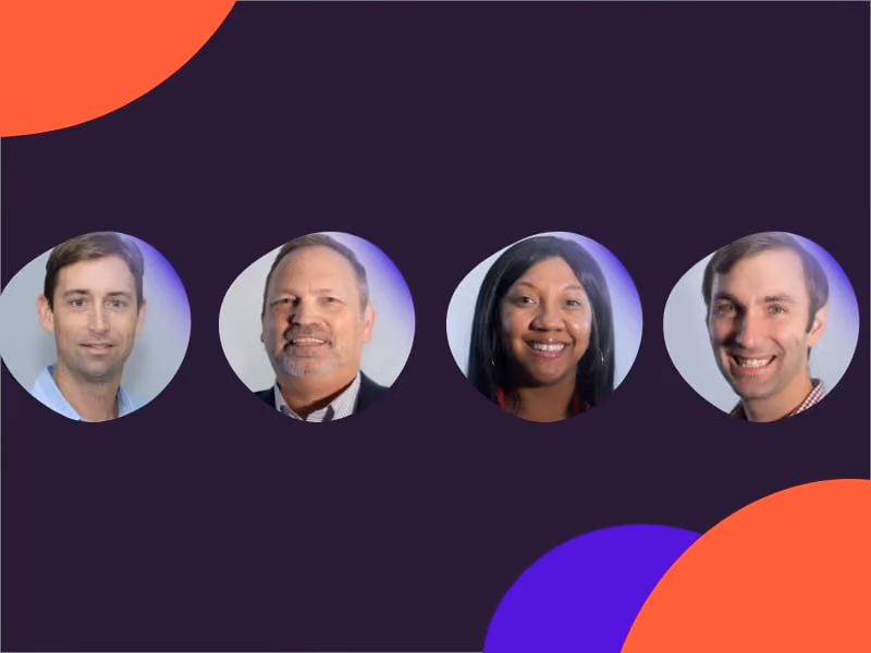 Four headshots of two men and two women on a dark background with red and purple circles.