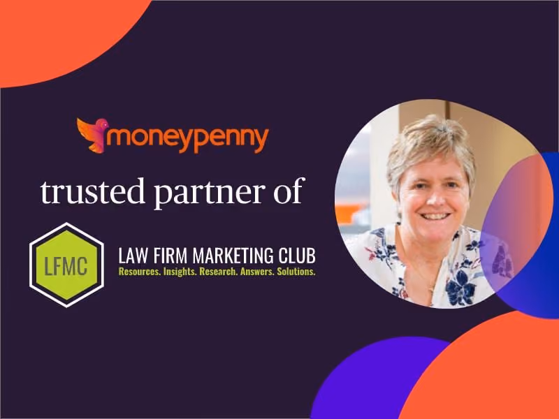 Moneypenny logo with text 'trusted partner of Law Firm Marketing Club' and a woman smiling in circular frame.