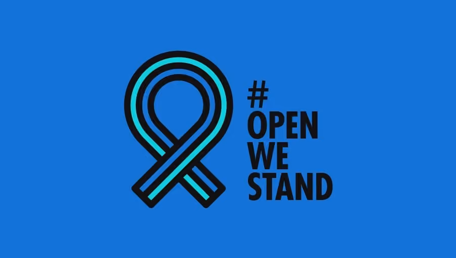 Teal and black ribbon graphic next to bold text reading hashtag Open We Stand on blue background.