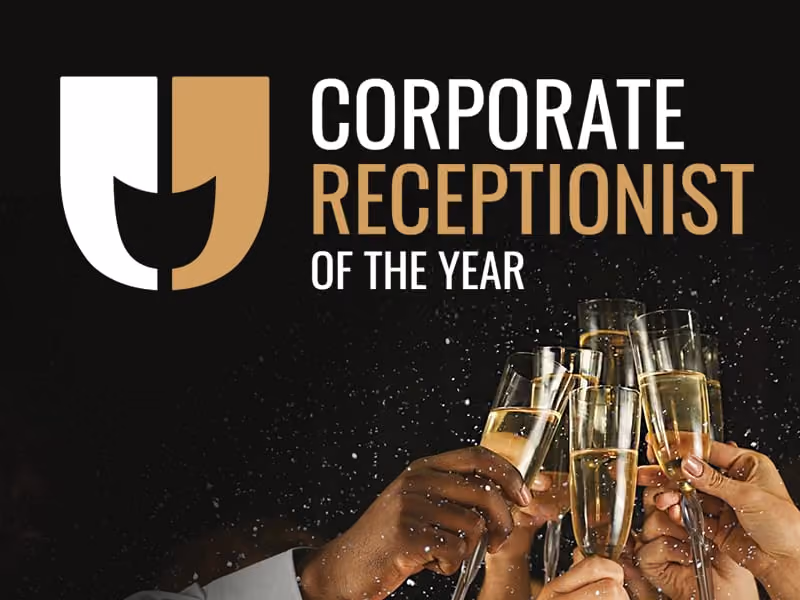 Hands raising champagne glasses in a toast under 'Corporate Receptionist of the Year' text with a logo.