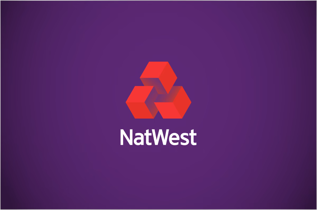 NatWest logo with three interconnected red cubes above the white NatWest text on a purple background.