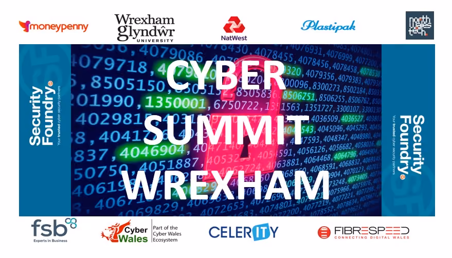 Cyber Summit Wrexham text over lock and code background with logos of sponsors and partners