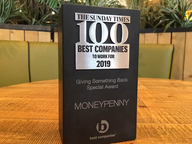 Black award trophy for MoneyPenny as a 2019 Sunday Times 100 Best Companies Giving Something Back special award.