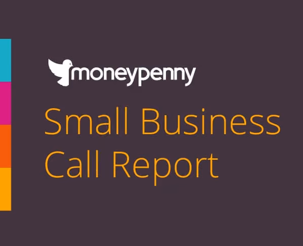 Moneypenny logo and text Small Business Call Report on dark background with colorful vertical bar on left