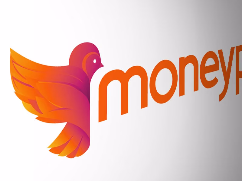 Orange and pink stylized bird next to the word 'moneyp' in orange font on a white background.