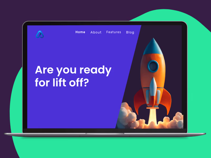 Laptop screen shows a rocket launching with text 'Are you ready for lift off?' and navigation menu.