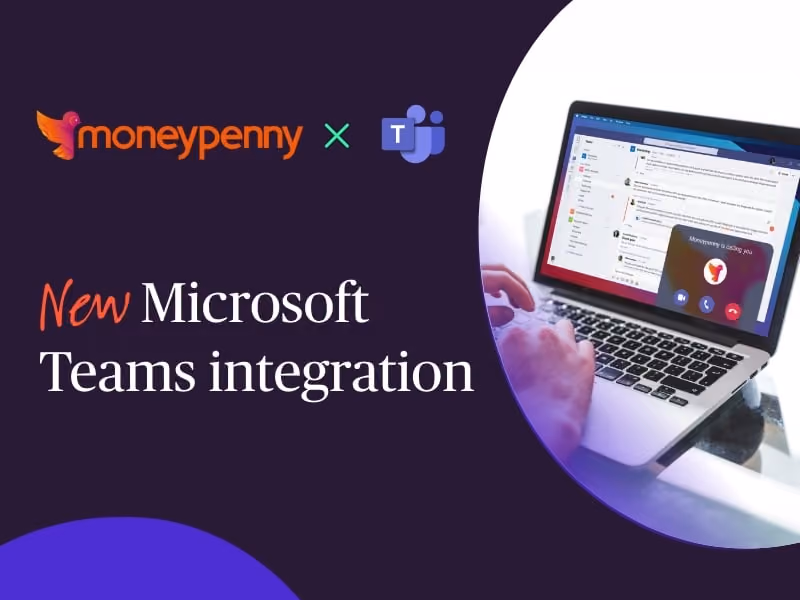 Person using laptop showing Microsoft Teams with an incoming call from Moneypenny on screen.