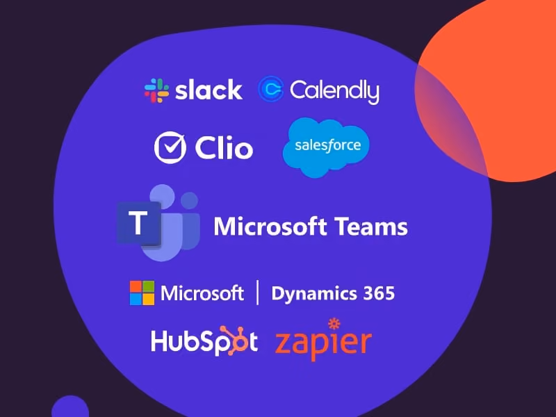 Logos of Slack, Calendly, Clio, Salesforce, Microsoft Teams, Dynamics 365, HubSpot, and Zapier on a purple background.