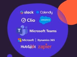 Logos of Slack, Calendly, Clio, Salesforce, Microsoft Teams, Microsoft, Dynamics 365, HubSpot, and Zapier.