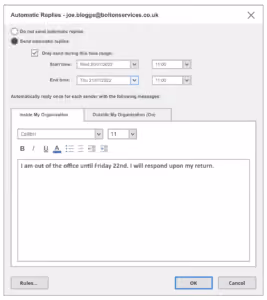 Email auto-reply settings showing out-of-office message and time range from Wed 20 to Thu 21 July.