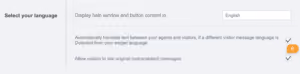 User interface section titled 'Select your language' with instructions to display help window and button content in English, mention of automatic text translation between agents and visitors, and an option to allow visitors to see original untranslated messages.