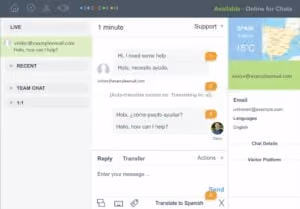 Screenshot of a live chat support interface showing a conversation in English and Spanish, with a message translated from Spanish to English and options to reply or translate messages.