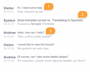 Chat showing English messages auto-translated to Spanish with a note about translation by Google Translate.