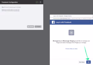 Screenshot showing Facebook Configuration with a prompt to log in to Facebook; alongside a Facebook Messenger permission dialog requesting to manage Pages and send messages for the user, with highlighted buttons 'Not Now' and 'OK'.