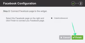 Screenshot of Facebook Configuration step 2 interface instructing to connect a Facebook page to a widget by selecting the page on the right and clicking the green Finish button, with options Cancel and Finish shown at the bottom.
