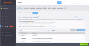 Dashboard screenshot showing settings and canned messages configuration interface with command and message columns.