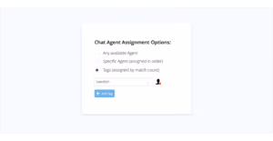 Chat agent assignment options with radio buttons and a tag input field containing 'swedish'.