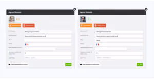 Two side-by-side user forms titled Agent Details requesting name, email, password, roles, and groups.