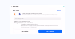 Screenshot of Microsoft Teams integration setup showing 'Send Message to Microsoft Teams' test action configuration with a sample message from John Doe containing details like phone number, message type, and message number; buttons for Test & Review and Test & Continue are visible below the message box.