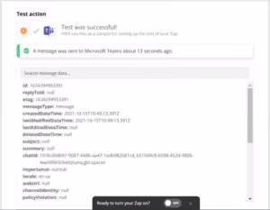 Screenshot of a successful Microsoft Teams test action with message details and IDs shown on screen.