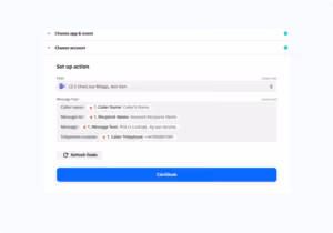 Screenshot of a user interface form for setting up a chat action, showing fields for caller name, recipient name, message, and telephone number, with a blue Continue button below.