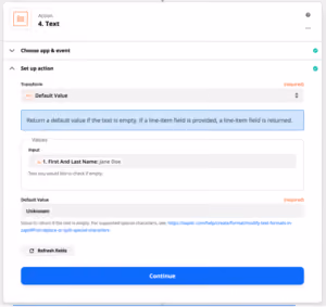 Automation interface to set a default text value if input is empty with sample input Jane Doe.