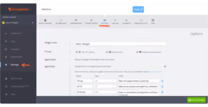 A web dashboard interface showing a 'Deep Linking' settings page with options for Privacy, Agent Limits, and Agent URLs, including fields for Priority, URL input, and checkboxes for start, middle, and end positions, plus buttons for saving changes and navigating tabs.