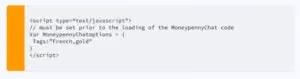Code snippet defining a JavaScript object with a tags array containing 'French,golf'.