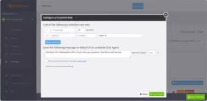 Computer screen showing a configuration window for setting up a proactive rule with conditions and a message to send to website chat agents, including options to save or cancel.