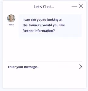 Chat interface with a message from Becca saying: 'I can see you're looking at the trainers, would you like further information?' and a prompt to enter a message.