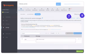 Screenshot of a user interface showing 'Define shortcuts for canned messages' with a table listing commands and messages; 'hello' command is highlighted with message 'Hello, how can I help?'. The sidebar menu includes Dashboard, Tickets, Login, Facebook, Settings, Help, and Profile options. The top menu has tabs for Add Shortcuts, Edit Shortcuts, Import, Export, and Delete, with 'Shortcuts' tab active.