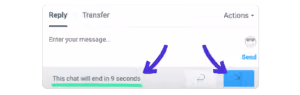 Chat interface showing 'This chat will end in 9 seconds' with blue arrows pointing to it and close button.