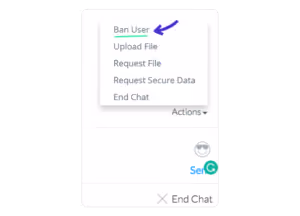 Dropdown menu showing options: Ban User with a blue check mark next to it, Upload File, Request File, Request Secure Data, and End Chat.