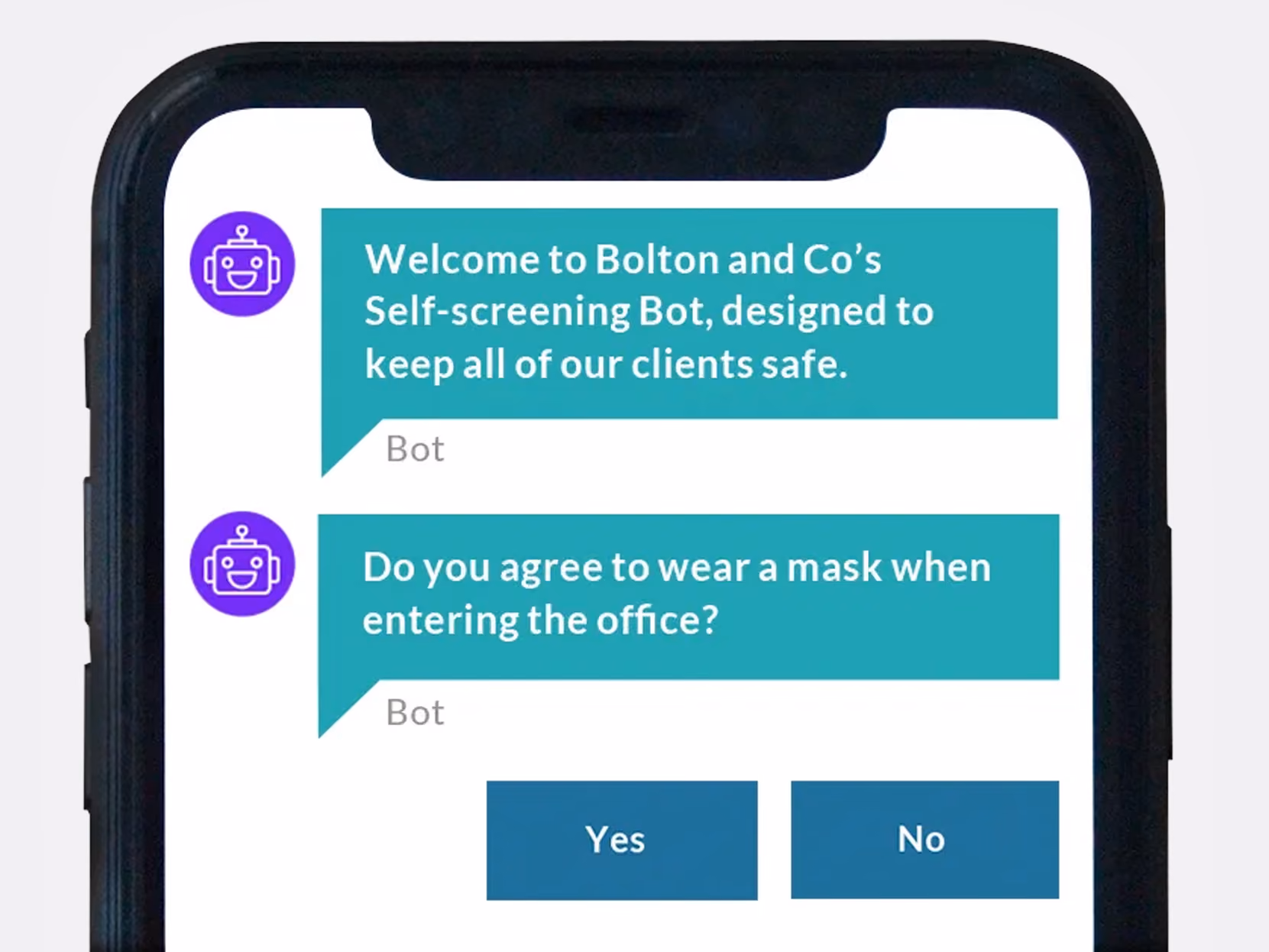 Phone screen shows chatbot asking if user agrees to wear a mask entering the office with Yes or No buttons.