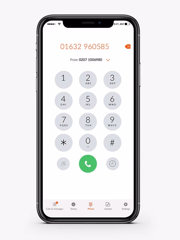 Smartphone screen showing a dial pad with a phone number 01632 960585 entered, 'From 0207 1006980' displayed above, a green call button, and navigation icons for Calls & messages, Status, Phone, Update, and Settings at the bottom.