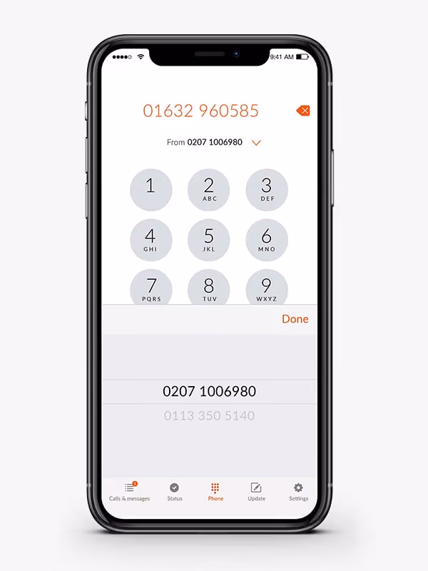 Phone dialer screen showing dialed number 01632 960585 and keypad with numbers from 1 to 9.