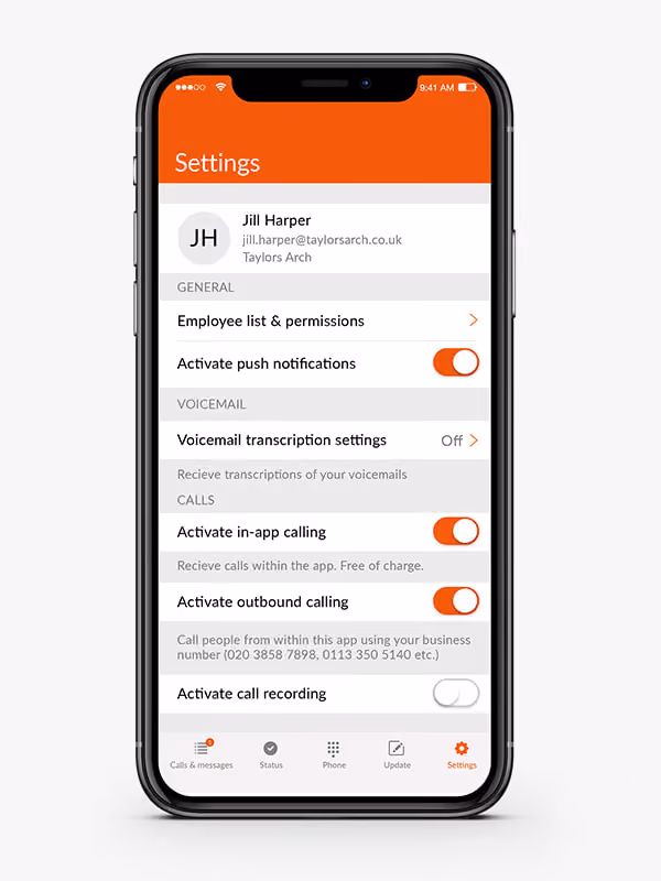 Mobile phone screen showing a Settings menu with user Jill Harper's profile and email, options for employee list and permissions, toggles for activating push notifications, in-app calling, outbound calling, and call recording, plus voicemail transcription settings set to off.
