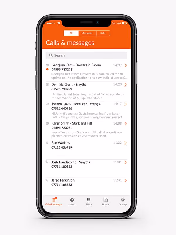 Smartphone screen displaying a calls and messages app with tabs for All, Messages, and Calls. The All tab is active, showing a search bar and a list of recent contacts with names, phone numbers, and brief message previews or call icons. Contacts include Georgina Kent, Dominic Grant, Joanna Davis, Karen Smith, Ben Watkins, Josh Handscomb, and Jared Parkinson. The app's bottom navigation bar has icons for Calls & messages, Status, Phone, Update, and Settings.