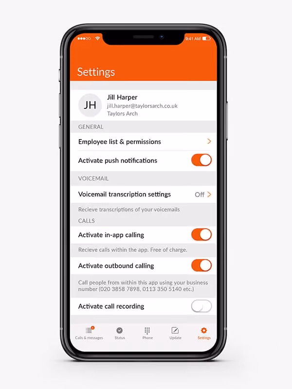 Mobile app settings screen showing push notifications, in-app and outbound calling toggled on, call recording off.